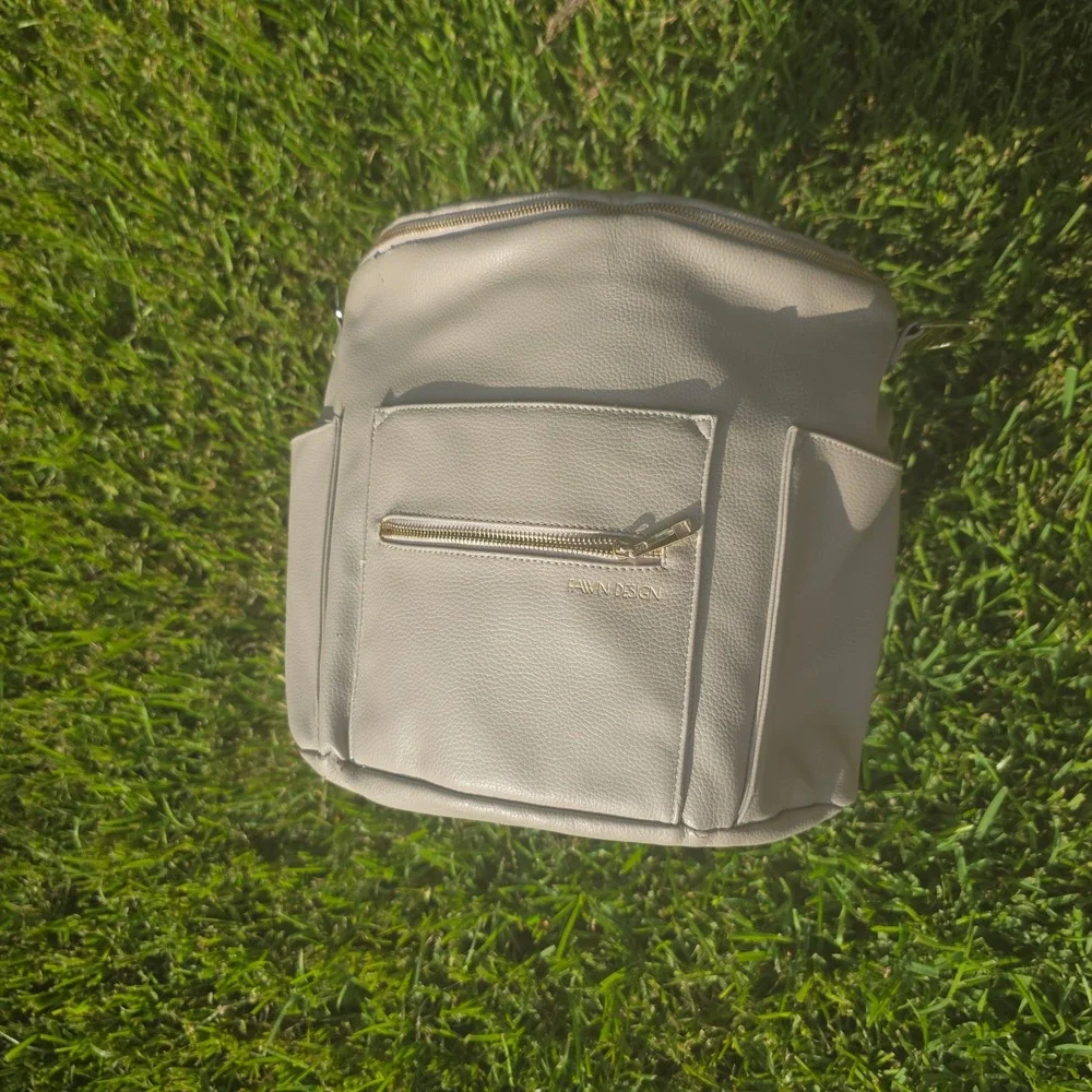 Fawn Design Original Diaper Bag Gray Vegan Leather Backpack Gold Hardware
